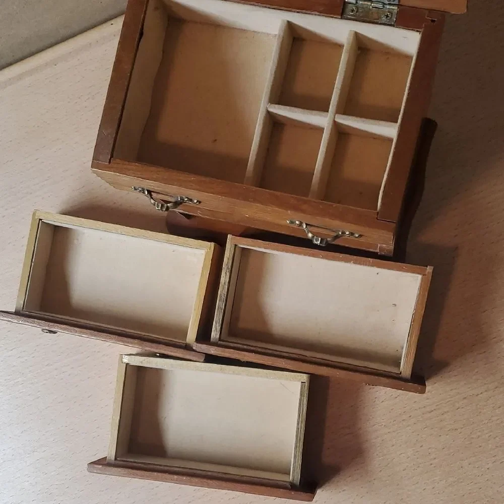 Vintage Wooden Jewelry Organizer with Mirror Trinket Box Hinged Cage